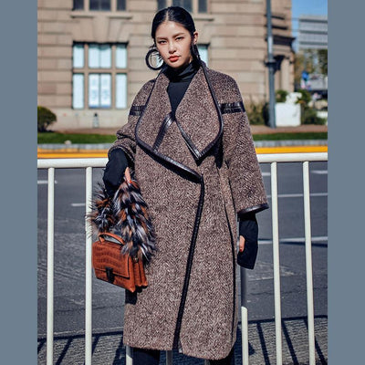 2019 chocolate Wool Coat plus size long coat Fashion Batwing Sleeve maxi coat - SooLinen