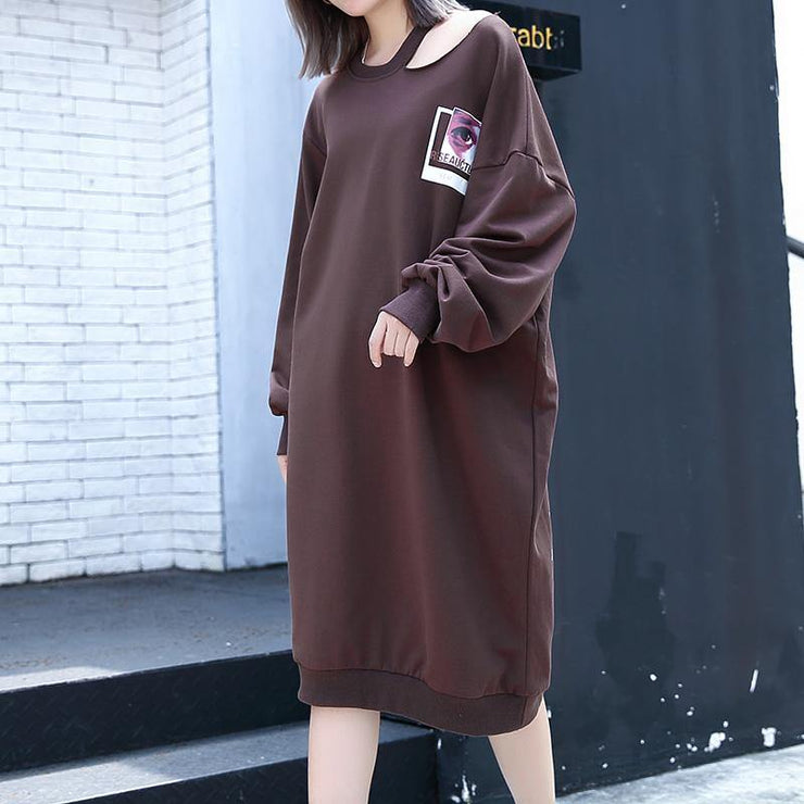 2019 chocolate print cotton blended knee dress plus size casual baggy dresses Fine Asymmetrical collar knee dresses - SooLinen