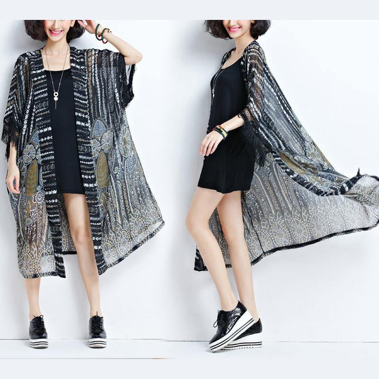 2018 fashion women black chiffon coats plus size tassel summer casual cardigans - SooLinen