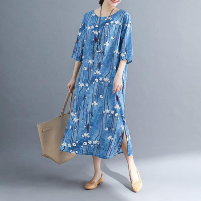 2019 floral long cotton dresses plus size Batwing Sleeve long cotton dresses Elegant o neck cotton dress - SooLinen