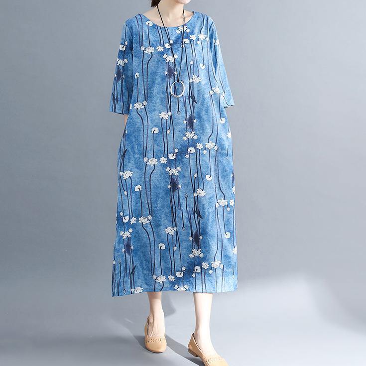 2019 floral long cotton dresses plus size Batwing Sleeve long cotton dresses Elegant o neck cotton dress - SooLinen