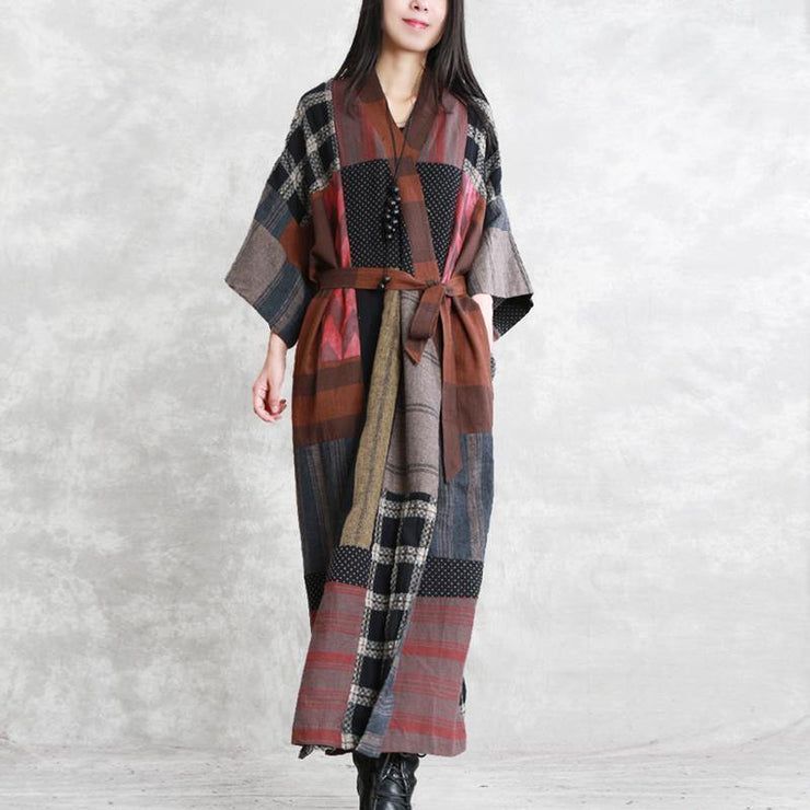 2019 gray autumn linen dress oversize patchwork traveling clothing women long sleeve tie waist autumn dress - SooLinen