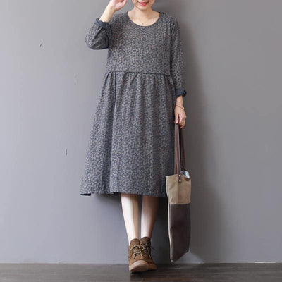 2018 gray prints natural cotton dress Loose fitting patchwork traveling clothing 2018 o neck autumn dress - SooLinen