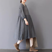 2018 gray prints natural cotton dress Loose fitting patchwork traveling clothing 2018 o neck autumn dress - SooLinen