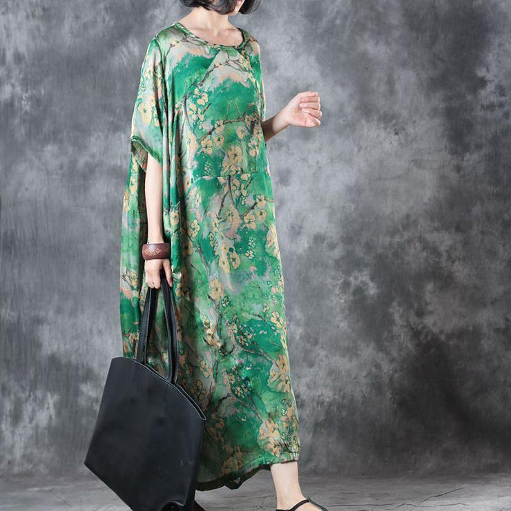 2018 green floral natural silk dress Loose fitting O neck baggy dresses traveling clothing Elegant short sleeve silk long dresses - SooLinen