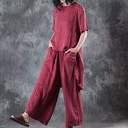 2018 new casual red low high design silk tops and women wide leg pants two pieces - SooLinen