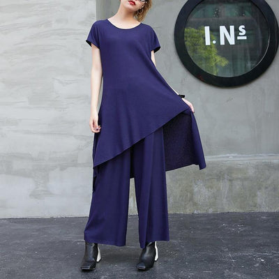 2018 new fashion cotton two pieces casual asymmetric hem tops and elastic waist wide leg pants - SooLinen