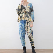 2018 new spring two pieces blue prints knit sweater and casual patchwork floral pants - SooLinen