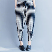 2018 new striped women casual cotton crop pants plus size cotton elastic waist drawstring harem pants - SooLinen