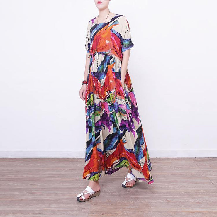 2018 prints linen maxi dress oversize o neck linen maxi dress Elegant short sleeve maxi dresses - SooLinen