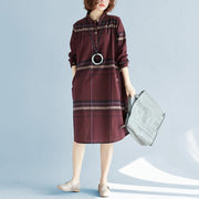 2018 red Plaid natural cotton linen shirt dress plus size traveling dress Elegant long sleeve pockets Turn-down Collar natural cotton linen shirt dress - SooLinen