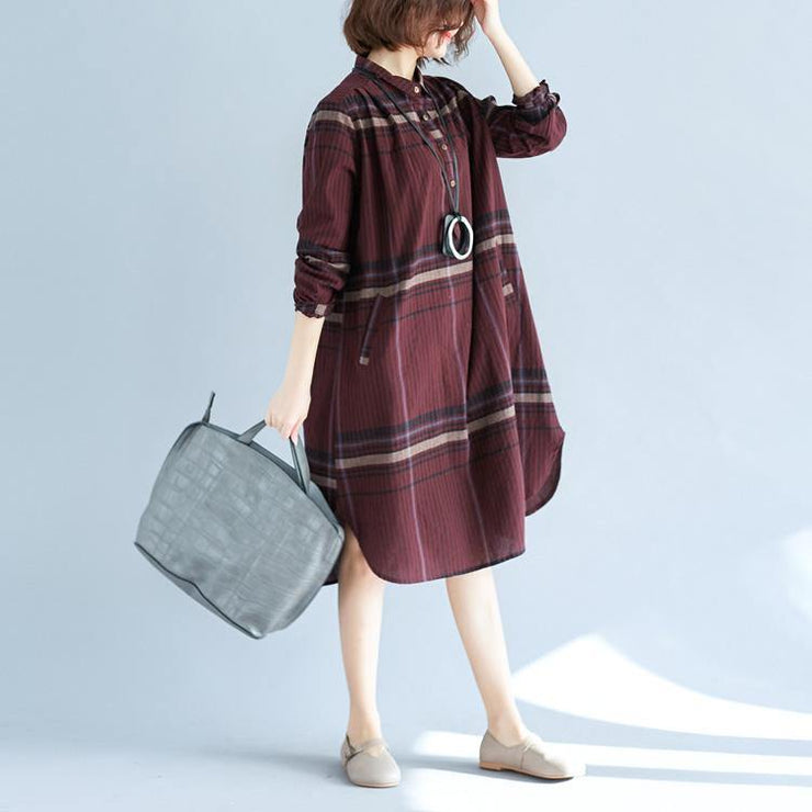 2018 red Plaid natural cotton linen shirt dress plus size traveling dress Elegant long sleeve pockets Turn-down Collar natural cotton linen shirt dress - SooLinen