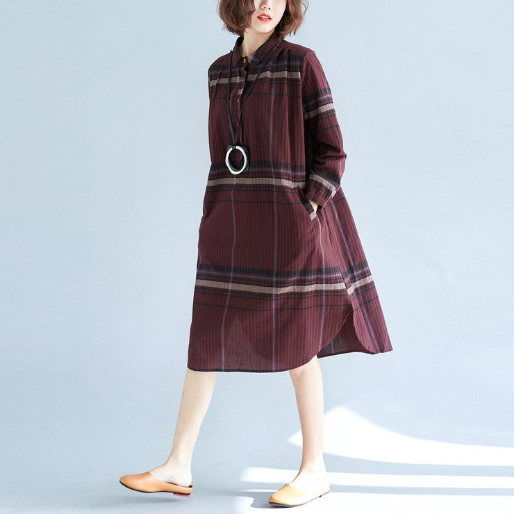 2018 red Plaid natural cotton linen shirt dress plus size traveling dress Elegant long sleeve pockets Turn-down Collar natural cotton linen shirt dress - SooLinen