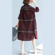 2018 red Plaid natural cotton linen shirt dress plus size traveling dress Elegant long sleeve pockets Turn-down Collar natural cotton linen shirt dress - SooLinen