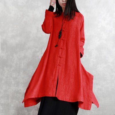 2018 red coats oversize Stand Jacquard maxi coat Fashion long sleeve pockets long coat - SooLinen