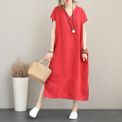 2018 red natural cotton dress casual v neck traveling dress Elegant side open maxi dresses - SooLinen