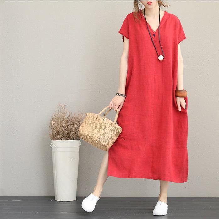 2018 red natural cotton dress casual v neck traveling dress Elegant side open maxi dresses - SooLinen