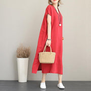 2018 red natural cotton dress casual v neck traveling dress Elegant side open maxi dresses - SooLinen