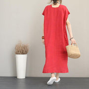 2018 red natural cotton dress casual v neck traveling dress Elegant side open maxi dresses - SooLinen