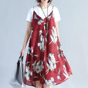 2018 red prints chiffon sleeveless dresses oversize with cotton t shirt two pieces - SooLinen