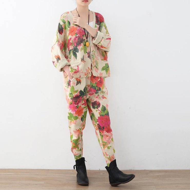 2018 spring new roses prints cute sweater and knit harem pants casual two pieces - SooLinen