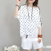 2018 white cotton tops plus size shirts Fine batwing sleeve dotted cotton tops - SooLinen