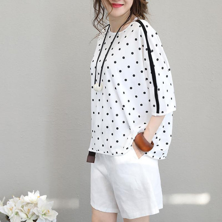 2018 white cotton tops plus size shirts Fine batwing sleeve dotted cotton tops - SooLinen