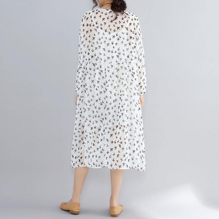 2018 white prints natural chiffon dress oversized long sleeve two pieces chiffon dress - SooLinen