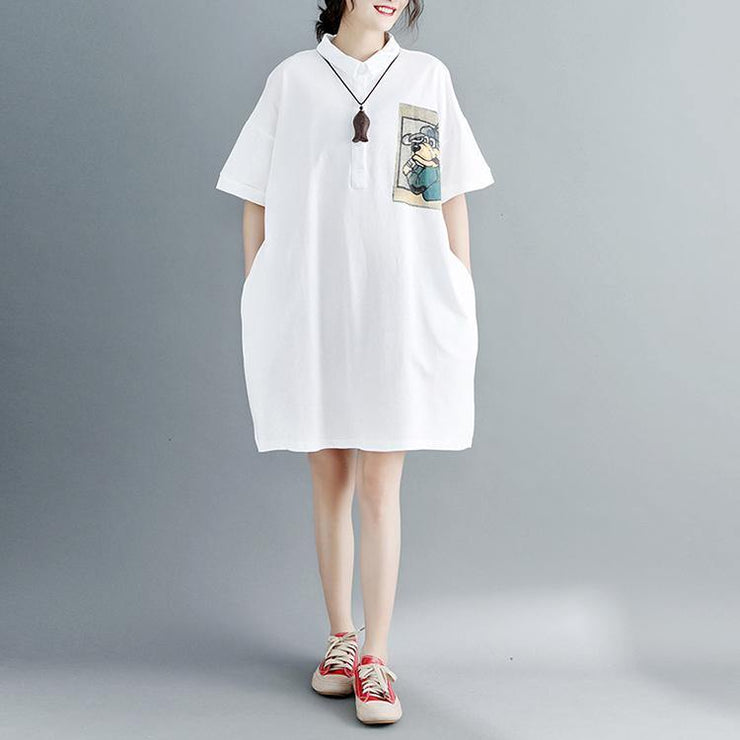 2018 white pure cotton dress oversize clothing dresses 2018 short sleeve Turn-down Collar clothing dresses - SooLinen