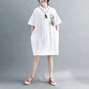 2018 white pure cotton dress oversize clothing dresses 2018 short sleeve Turn-down Collar clothing dresses - SooLinen