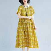 2018 yellow cotton blended shift dresses oversize clothing dress New short sleeve print drawstring clothing dress - SooLinen