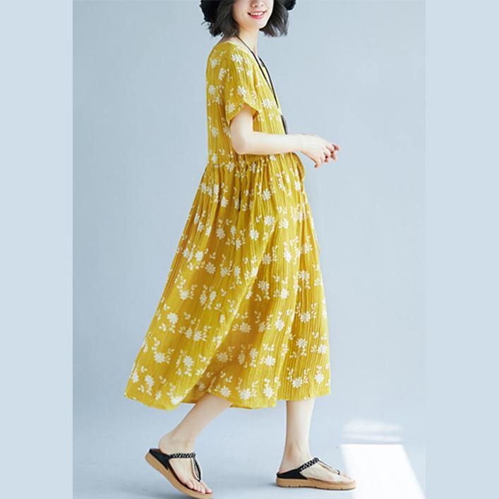 2018 yellow cotton blended shift dresses oversize clothing dress New short sleeve print drawstring clothing dress - SooLinen