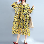 2018 yellow floral natural chiffon dress  Loose fitting o neck traveling dress - SooLinen