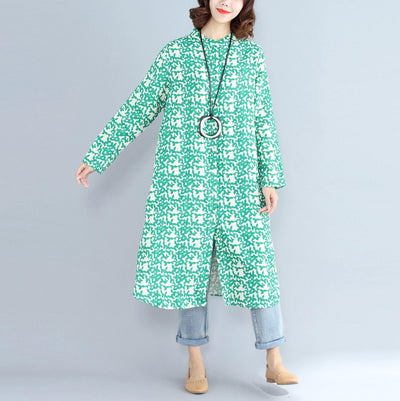 2018green print long cotton linen dresses plus size clothing Stand cotton linen gown casual long sleeve side open baggy dresses - SooLinen