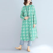 2018green print long cotton linen dresses plus size clothing Stand cotton linen gown casual long sleeve side open baggy dresses - SooLinen