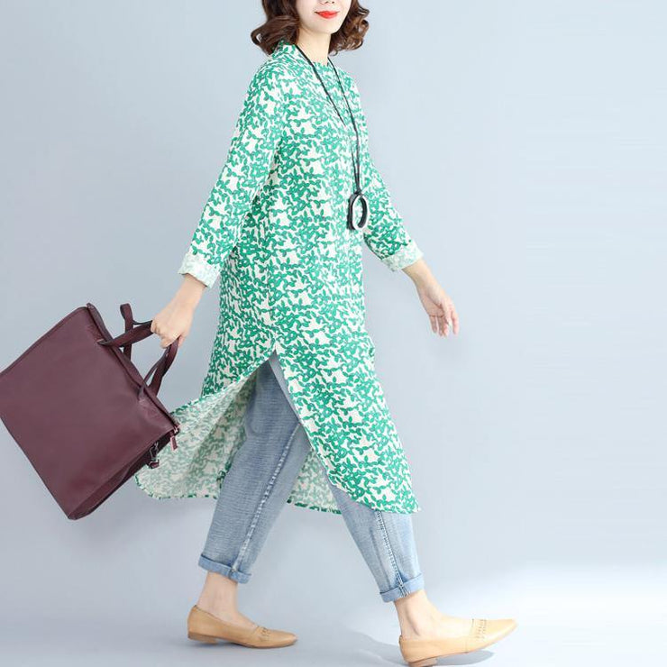 2018green print long cotton linen dresses plus size clothing Stand cotton linen gown casual long sleeve side open baggy dresses - SooLinen