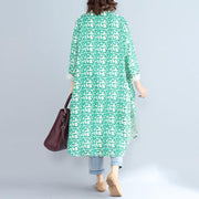 2018green print long cotton linen dresses plus size clothing Stand cotton linen gown casual long sleeve side open baggy dresses - SooLinen