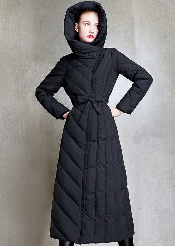 2019 Loose fitting womens parka hooded winter outwear black  tie waist down coat winter - SooLinen