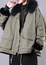 2019 army green casual outfit oversize snow jackets pockets faux fur collar winter coats - SooLinen