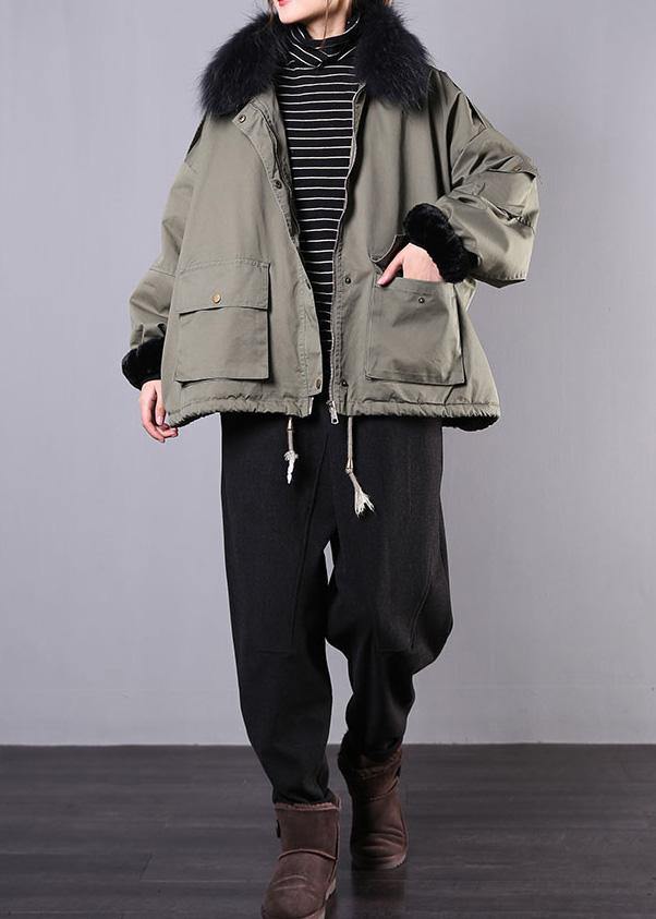 2019 army green casual outfit oversize snow jackets pockets faux fur collar winter coats - SooLinen