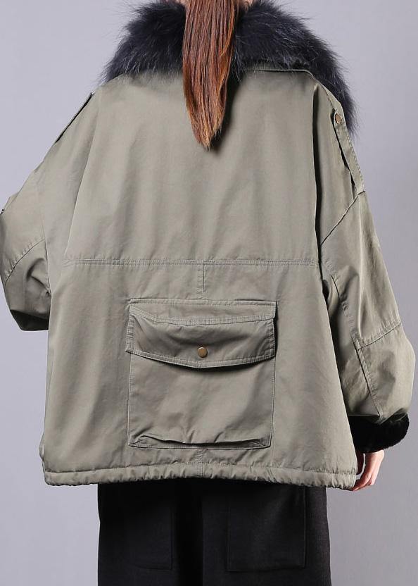 2019 army green casual outfit oversize snow jackets pockets faux fur collar winter coats - SooLinen