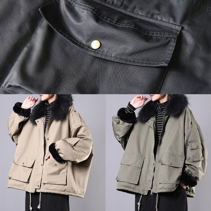 2019 army green casual outfit oversize snow jackets pockets faux fur collar winter coats - SooLinen