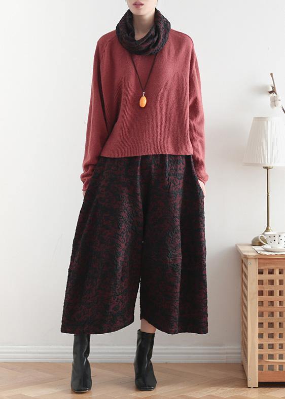 2019 autumn and winter literary wide leg pants large size jacquard retro nine points red pants - SooLinen