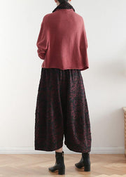 2019 autumn and winter literary wide leg pants large size jacquard retro nine points red pants - SooLinen