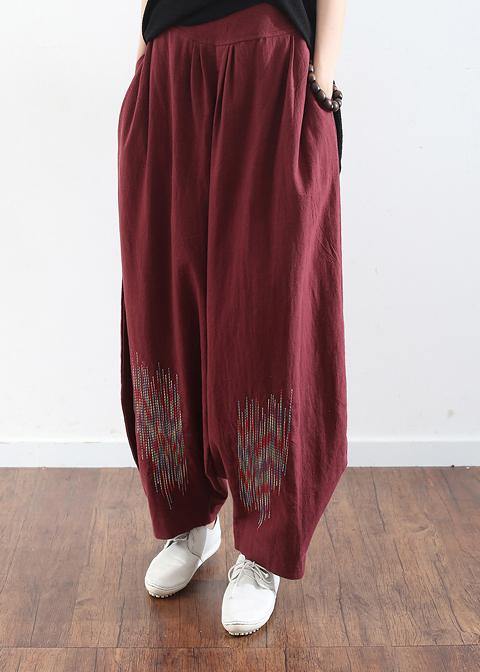 2019 burgundy cotton linen wide leg pant plus size traveling pants - SooLinen