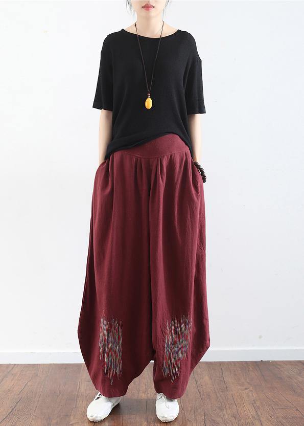 2019 burgundy cotton linen wide leg pant plus size traveling pants - SooLinen