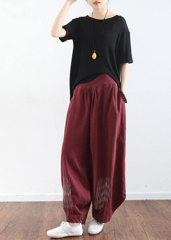 2019 burgundy cotton linen wide leg pant plus size traveling pants - SooLinen