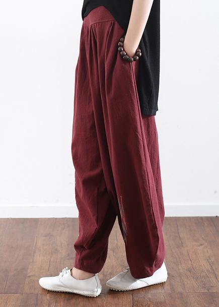 2019 burgundy cotton linen wide leg pant plus size traveling pants - SooLinen