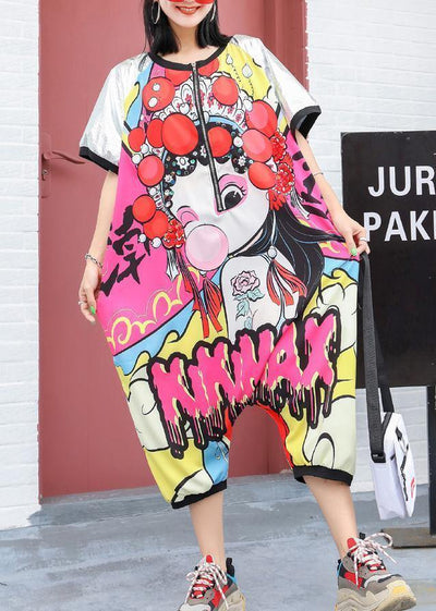 2019 cartoon printed loose one-piece pants Harlan wide leg jumpsuit pants - SooLinen