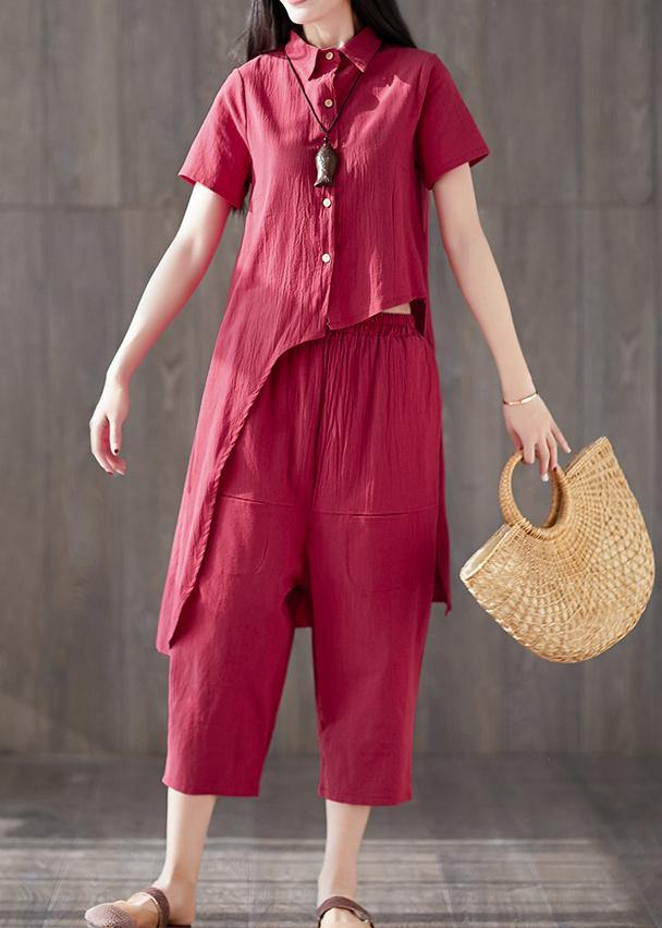 2019 casual two pieces women red asymmetric lapel tops and pockets harem pants - SooLinen